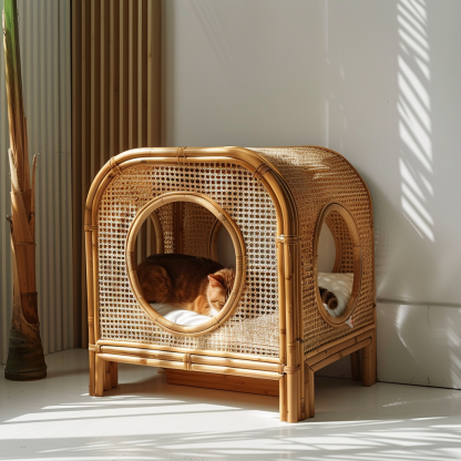 Solid wood cat bed, Chinese-style rattan cat bed, semi-enclosed breathable cat villa, cat house, all-season, creative appearance, horizontal cat bed - Image 4