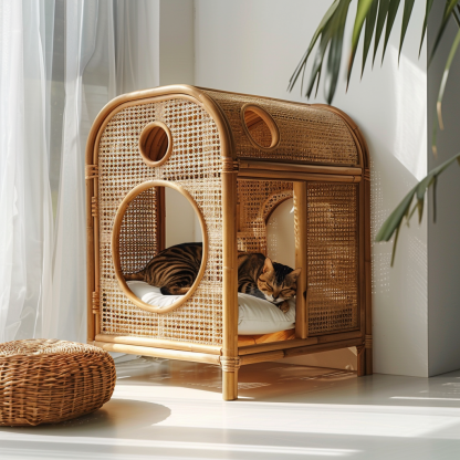 Double-layer cat bed, solid wood cat bed, all-season, semi-enclosed rattan cat bed, home cat, villa cat, cat house cat house - Image 10