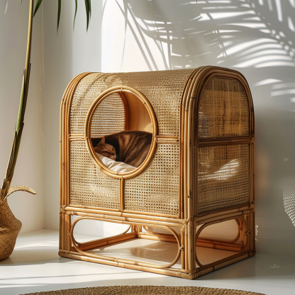 Double-layer cat bed, solid wood cat bed, all-season, semi-enclosed rattan cat bed, home cat, villa cat, cat house cat house - Image 9
