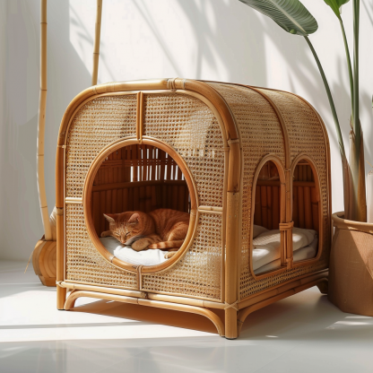 Solid wood cat bed, Chinese-style rattan cat bed, semi-enclosed breathable cat villa, cat house, all-season, creative appearance, horizontal cat bed