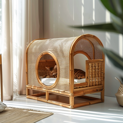 Double-layer cat bed, solid wood cat bed, all-season, semi-enclosed rattan cat bed, home cat, villa cat, cat house cat house - Image 6