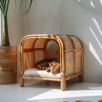 Double-layer cat bed, solid wood cat bed, all-season, semi-enclosed rattan cat bed, home cat, villa cat, cat house cat house - Image 7