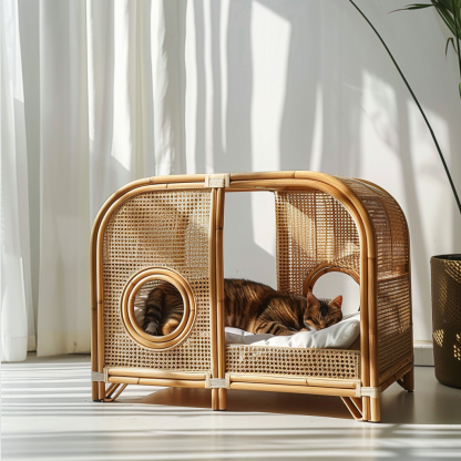 Double-layer cat bed, solid wood cat bed, all-season, semi-enclosed rattan cat bed, home cat, villa cat, cat house cat house - Image 3