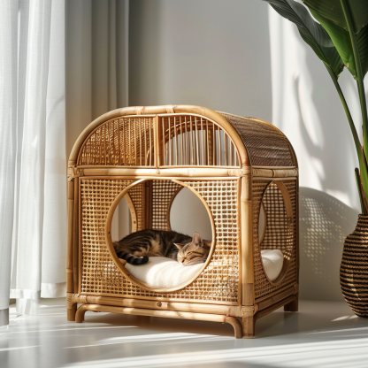 Solid wood cat bed, Chinese-style rattan cat bed, semi-enclosed breathable cat villa, cat house, all-season, creative appearance, horizontal cat bed - Image 5