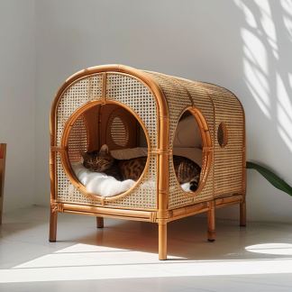 Double-layer cat bed, solid wood cat bed, all-season, semi-enclosed rattan cat bed, home cat, villa cat, cat house cat house
