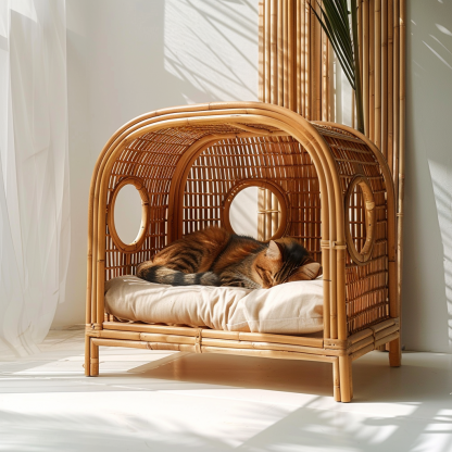 Double-layer cat bed, solid wood cat bed, all-season, semi-enclosed rattan cat bed, home cat, villa cat, cat house cat house - Image 2