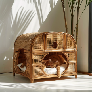Double-layer cat bed, solid wood cat bed, all-season, semi-enclosed rattan cat bed, home cat, villa cat, cat house cat house