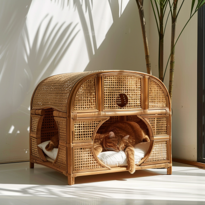 Double-layer cat bed, solid wood cat bed, all-season, semi-enclosed rattan cat bed, home cat, villa cat, cat house cat house