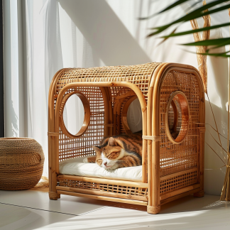 Double-layer cat bed, solid wood cat bed, all-season, semi-enclosed rattan cat bed, home cat, villa cat, cat house cat house