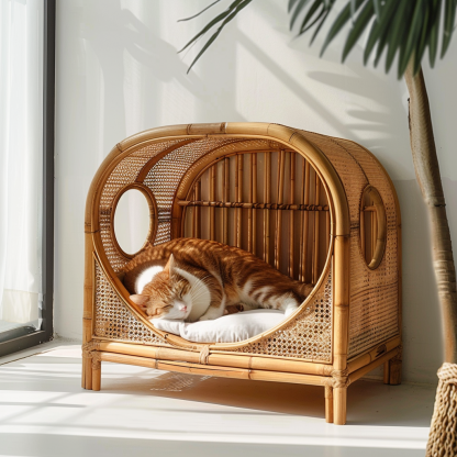 Double-layer cat bed, solid wood cat bed, all-season, semi-enclosed rattan cat bed, home cat, villa cat, cat house cat house - Image 9
