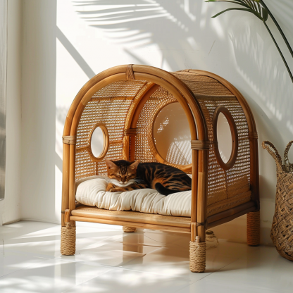 Double-layer cat bed, solid wood cat bed, all-season, semi-enclosed rattan cat bed, home cat, villa cat, cat house cat house - Image 6