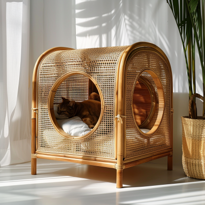 Double-layer cat bed, solid wood cat bed, all-season, semi-enclosed rattan cat bed, home cat, villa cat, cat house cat house - Image 4