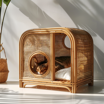 Solid wood cat bed, Chinese-style rattan cat bed, semi-enclosed breathable cat villa, cat house, all-season, creative appearance, horizontal cat bed - Image 8