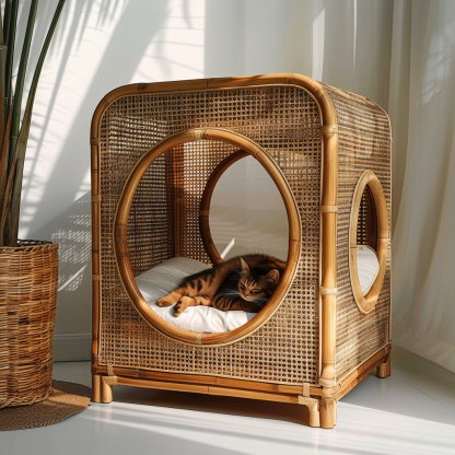 Solid wood cat bed, Chinese-style rattan cat bed, semi-enclosed breathable cat villa, cat house, all-season, creative appearance, horizontal cat bed - Image 7