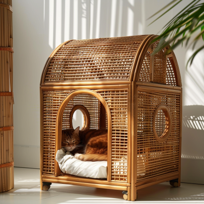 Solid wood cat bed, Chinese-style rattan cat bed, semi-enclosed breathable cat villa, cat house, all-season, creative appearance, horizontal cat bed - Image 10