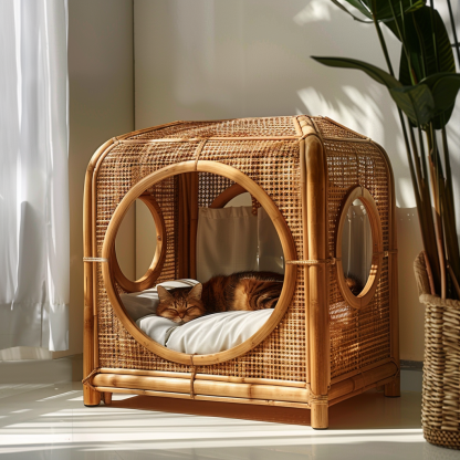 Solid wood cat bed, Chinese-style rattan cat bed, semi-enclosed breathable cat villa, cat house, all-season, creative appearance, horizontal cat bed - Image 9