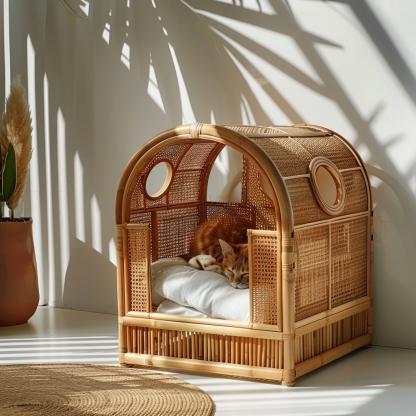 Solid wood cat bed, Chinese-style rattan cat bed, semi-enclosed breathable cat villa, cat house, all-season, creative appearance, horizontal cat bed - Image 8