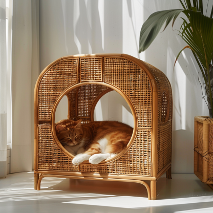 Solid wood cat bed, Chinese-style rattan cat bed, semi-enclosed breathable cat villa, cat house, all-season, creative appearance, horizontal cat bed - Image 7