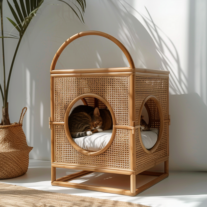 Double-layer cat bed, solid wood cat bed, all-season, semi-enclosed rattan cat bed, home cat, villa cat, cat house cat house - Image 9