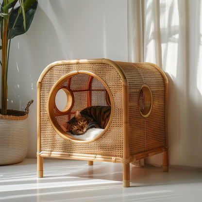 Solid wood cat bed, Chinese-style rattan cat bed, semi-enclosed breathable cat villa, cat house, all-season, creative appearance, horizontal cat bed - Image 11