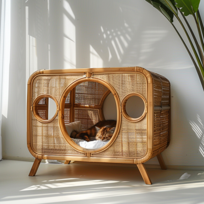 Double-layer cat bed, solid wood cat bed, all-season, semi-enclosed rattan cat bed, home cat, villa cat, cat house cat house - Image 8