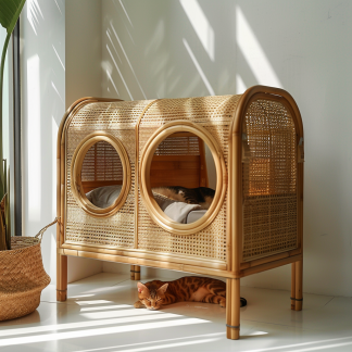 Solid wood cat bed, Chinese-style rattan cat bed, semi-enclosed breathable cat villa, cat house, all-season, creative appearance, horizontal cat bed