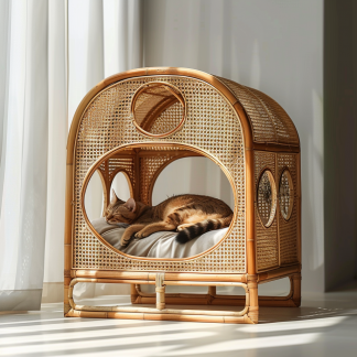 Double-layer cat bed, solid wood cat bed, all-season, semi-enclosed rattan cat bed, home cat, villa cat, cat house cat house