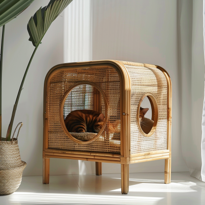 Double-layer cat bed, solid wood cat bed, all-season, semi-enclosed rattan cat bed, home cat, villa cat, cat house cat house - Image 5
