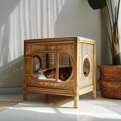 Double-layer cat bed, solid wood cat bed, all-season, semi-enclosed rattan cat bed, home cat, villa cat, cat house cat house - Image 4