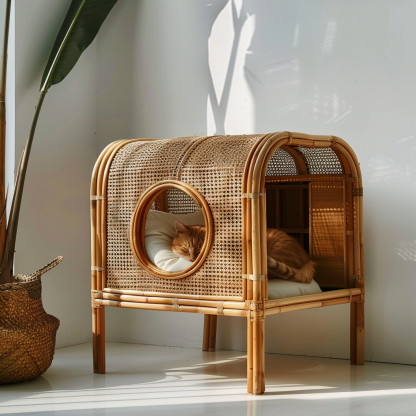 Solid wood cat bed, Chinese-style rattan cat bed, semi-enclosed breathable cat villa, cat house, all-season, creative appearance, horizontal cat bed - Image 6
