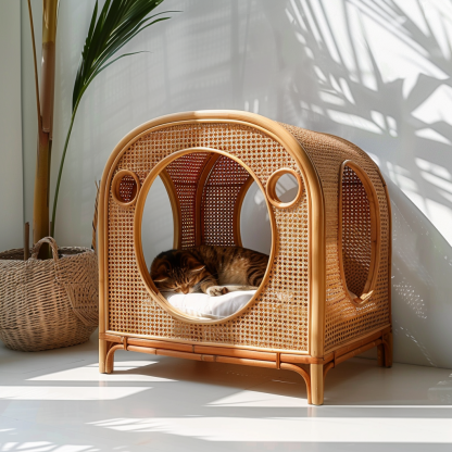 Double-layer cat bed, solid wood cat bed, all-season, semi-enclosed rattan cat bed, home cat, villa cat, cat house cat house - Image 9