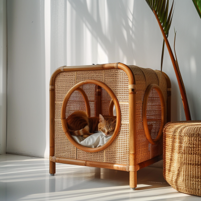 Solid wood cat bed, Chinese-style rattan cat bed, semi-enclosed breathable cat villa, cat house, all-season, creative appearance, horizontal cat bed - Image 9