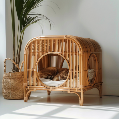 Double-layer cat bed, solid wood cat bed, all-season, semi-enclosed rattan cat bed, home cat, villa cat, cat house cat house - Image 2