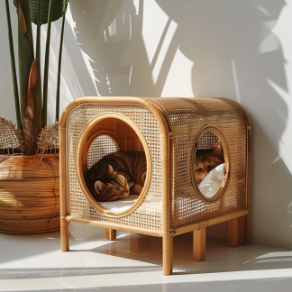 Solid wood cat bed, Chinese-style rattan cat bed, semi-enclosed breathable cat villa, cat house, all-season, creative appearance, horizontal cat bed