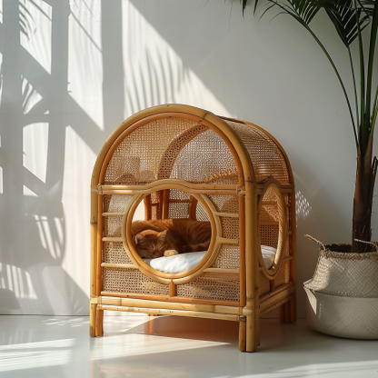 Double-layer cat bed, solid wood cat bed, all-season, semi-enclosed rattan cat bed, home cat, villa cat, cat house cat house - Image 5