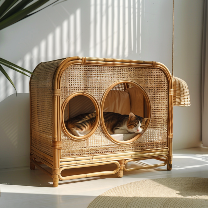 Solid wood cat bed, Chinese-style rattan cat bed, semi-enclosed breathable cat villa, cat house, all-season, creative appearance, horizontal cat bed - Image 9