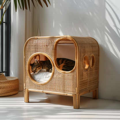 Solid wood cat bed, Chinese-style rattan cat bed, semi-enclosed breathable cat villa, cat house, all-season, creative appearance, horizontal cat bed - Image 10