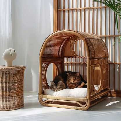 Double-layer cat bed, solid wood cat bed, all-season, semi-enclosed rattan cat bed, home cat, villa cat, cat house cat house - Image 8