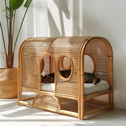Double-layer cat bed, solid wood cat bed, all-season, semi-enclosed rattan cat bed, home cat, villa cat, cat house cat house - Image 3