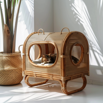 Double-layer cat bed, solid wood cat bed, all-season, semi-enclosed rattan cat bed, home cat, villa cat, cat house cat house - Image 4
