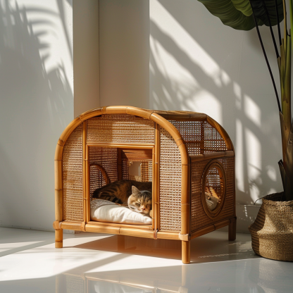 Double-layer cat bed, solid wood cat bed, all-season, semi-enclosed rattan cat bed, home cat, villa cat, cat house cat house - Image 4