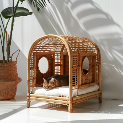 Double-layer cat bed, solid wood cat bed, all-season, semi-enclosed rattan cat bed, home cat, villa cat, cat house cat house - Image 5
