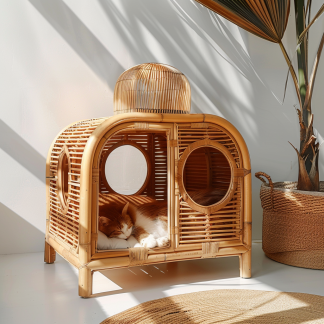 Double-layer cat bed, solid wood cat bed, all-season, semi-enclosed rattan cat bed, home cat, villa cat, cat house cat house