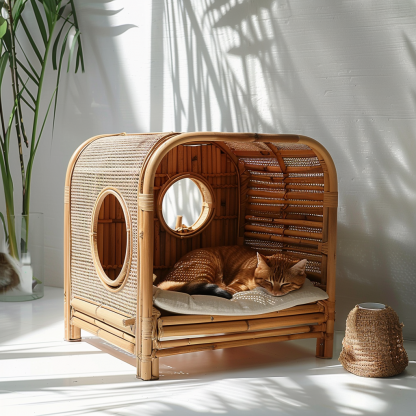 Cat climbing frame, scratch-resistant rattan cat house, closed double-layer cat bed, cat bed, red wall - Image 7