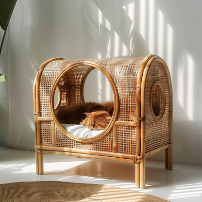 Double-layer cat bed, solid wood cat bed, all-season, semi-enclosed rattan cat bed, home cat, villa cat, cat house cat house - Image 7