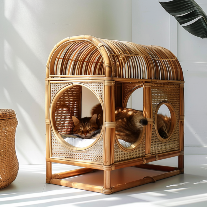 Double-layer cat bed, solid wood cat bed, all-season, semi-enclosed rattan cat bed, home cat, villa cat, cat house cat house - Image 7