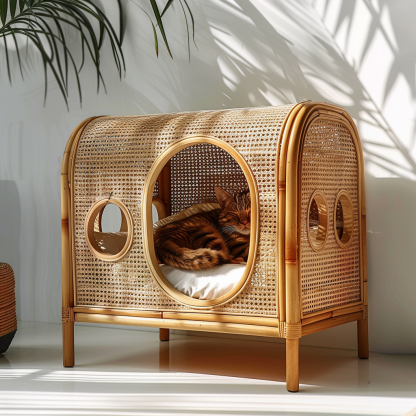 Solid wood cat bed, Chinese-style rattan cat bed, semi-enclosed breathable cat villa, cat house, all-season, creative appearance, horizontal cat bed - Image 7