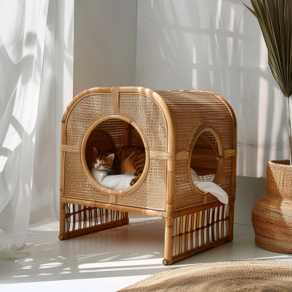Double-layer cat bed, solid wood cat bed, all-season, semi-enclosed rattan cat bed, home cat, villa cat, cat house cat house - Image 6