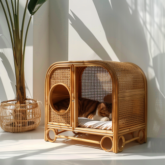 Double-layer cat bed, solid wood cat bed, all-season, semi-enclosed rattan cat bed, home cat, villa cat, cat house cat house