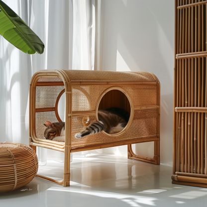 Solid wood cat bed, Chinese-style rattan cat bed, semi-enclosed breathable cat villa, cat house, all-season, creative appearance, horizontal cat bed - Image 8